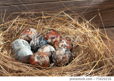 Easter composition - multicolored marble Easter eggs painted with natural dyes in a nest of hay Easter composition - multicolored marble Easter eggs painted with natural dyes in a nest of hay 73820216