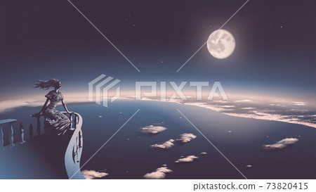 vector illustration of the ancient goddess relaxing on the balcony and she is looking down from heaven to the modern civilization with a beautiful full moon in the background 73820415