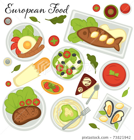 Collection of traditional dishes of European countries. Recipes from europe, fried fish eggs and sausage. Collection of traditional dishes of European countries. Recipes from europe, fried fish eggs and sausage. 73821942