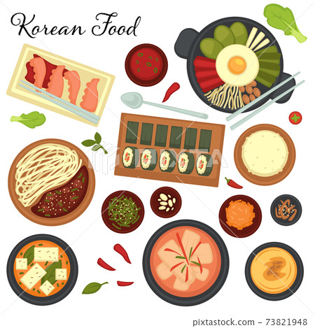 Collection of Korean cuisine dishes and plates, menu of Asian restaurant. Noodles and vegetables, kimbap and fried egg with veggies, kimchi and spices. 73821948