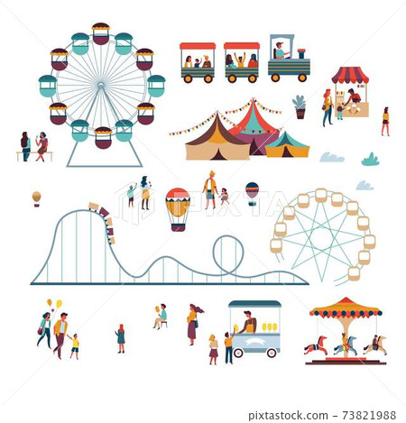 Attractions and big top circus amusement park ice cream vector roller coaster and air balloon 73821988