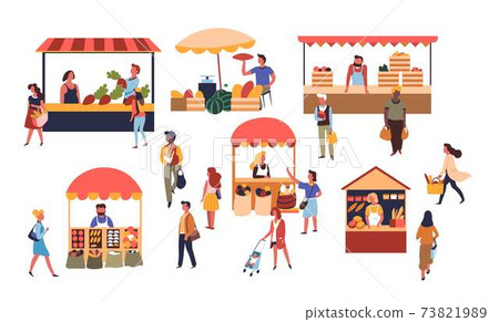 Vendors and customers market tents and counters fruits and vegetables pastry vector 73821989