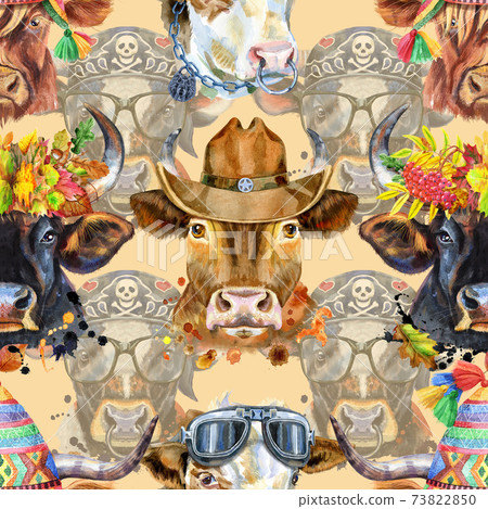 Seamless pattern. Watercolor illustration of a bulls 73822850