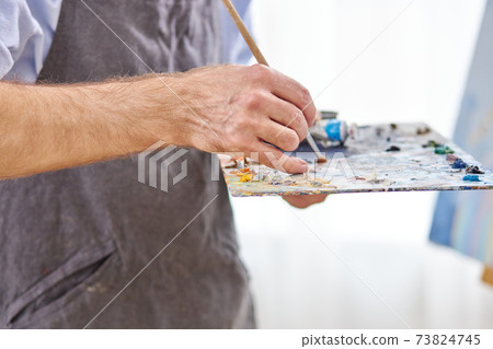 close-up artist's hands with palette and brush close-up artist's hands with palette and brush 73824745