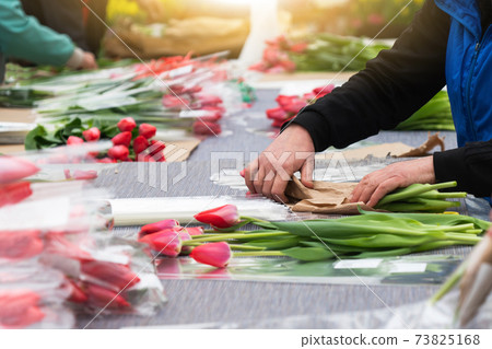 Florists collect bouquets of tulips for delivery  73825168
