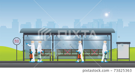 Specialist in hazmat suit cleaning and disinfecting coronavirus cells at the bus staton 73825363