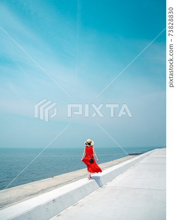 女人走在海港在藍藍的天空下 73828830