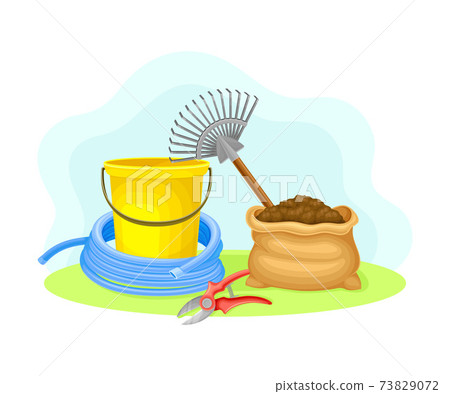 Garden Tools and Equipment with Bucket, Rake and Pruning Shears Vector Composition 73829072