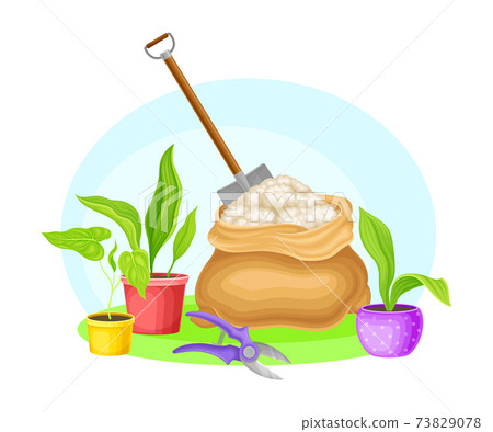 Garden Tools and Equipment with Spade, Pruning Shears and Seedling in Flowerpots Vector Composition 73829078