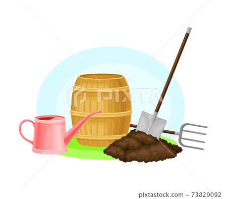 Garden Tools and Equipment with Watering Can and Spade or Shovel in Soil Vector Composition 73829092