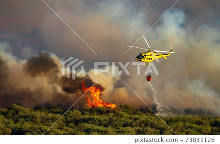 Smoke and huge fire, helicopter with bambi bucket Smoke and huge fire, helicopter with bambi bucket 73831126