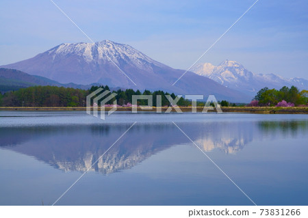Mt. Kurohime and Mt. Myoko are water mirrors on Lake Reisenji, Iizuna Town in early spring. Mt. Kurohime and Mt. Myoko are water mirrors on Lake Reisenji, Iizuna Town in early spring. 73831266