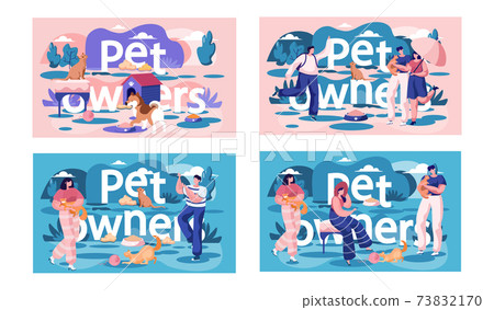 A set of illustrations on the topic of resting and walking with pets. Owners playing with animals A set of illustrations on the topic of resting and walking with pets. Owners playing with animals 73832170