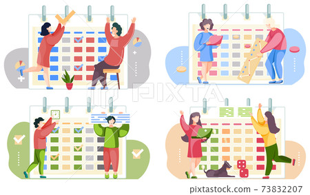 Set of illustrations on the topic of timetable and calendar. People playing and having fun 73832207