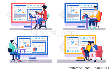 Set of illustrations about work with statistical data. People in the studio are recording tracks Set of illustrations about work with statistical data. People in the studio are recording tracks 73833611