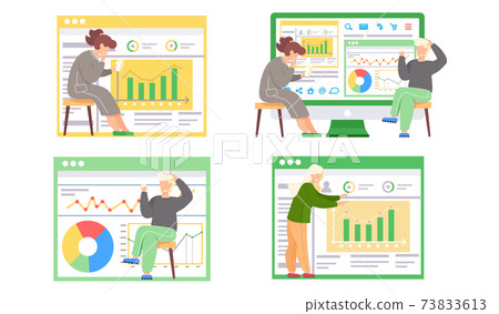 Woman and man reports standing near presentation with charts talking to colleague set of four scenes Woman and man reports standing near presentation with charts talking to colleague set of four scenes 73833613