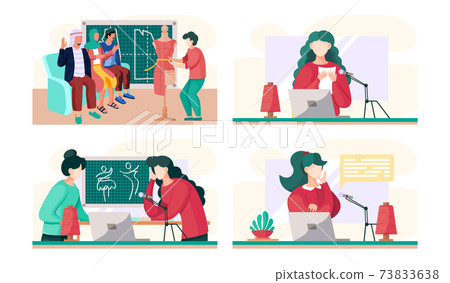 Colleagues in atelier are discussing the model of the future pattern. Workshop for fashion designers Colleagues in atelier are discussing the model of the future pattern. Workshop for fashion designers 73833638