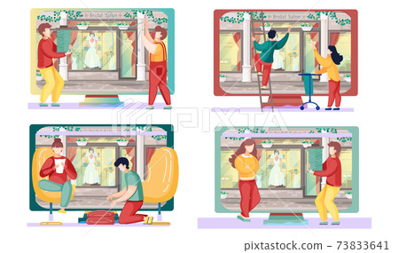 Wedding salon on the background. A set of illustrations on the theme of working near bridal boutique Wedding salon on the background. A set of illustrations on the theme of working near bridal boutique 73833641
