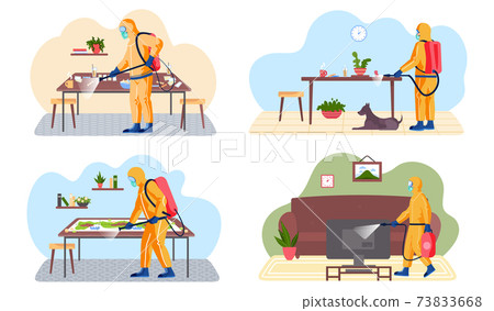 A man from epidemiological service doing disinfection in livingroom to kill viruses and bacteria A man from epidemiological service doing disinfection in livingroom to kill viruses and bacteria 73833668