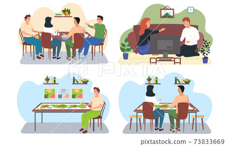 Family members playing cards and other board games sitting at a table, friends have good time Family members playing cards and other board games sitting at a table, friends have good time 73833669