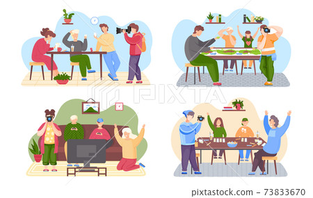 Set of illustrations about family photo session. Man takes pictures of people playing board game Set of illustrations about family photo session. Man takes pictures of people playing board game 73833670