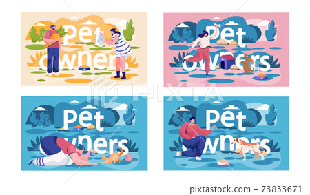 Scenes set on the topic of feeding and playing with pets. Owners are spending time with animals Scenes set on the topic of feeding and playing with pets. Owners are spending time with animals 73833671