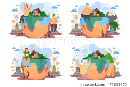Set of illustrations on the topic of environmental problems on earth. People have fun and play Set of illustrations on the topic of environmental problems on earth. People have fun and play 73833672