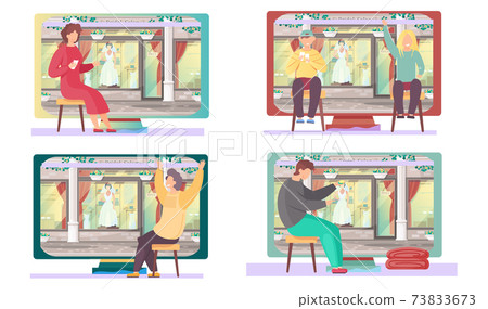 Set of illustrations about people on background of the wedding salon. Players with cards in hands 73833673