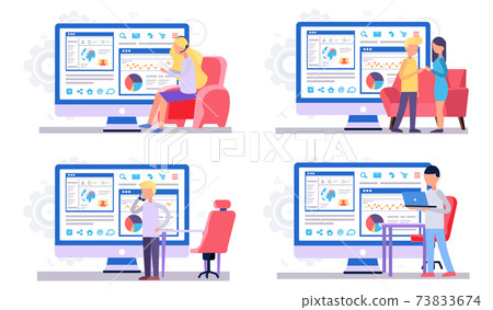 A set of illustrations on the topic of analysts working. People work with data and statistics A set of illustrations on the topic of analysts working. People work with data and statistics 73833674