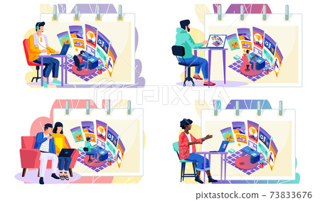 Professional e-sport gamer live streaming online videogame play, viewer with laptop scenes set Professional e-sport gamer live streaming online videogame play, viewer with laptop scenes set 73833676