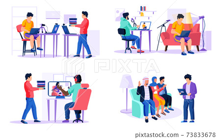 Set of illustrations on the topic of working in a recording studio. Guys with laptops make music Set of illustrations on the topic of working in a recording studio. Guys with laptops make music 73833678
