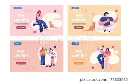 Pet owners landing page template. Happy people playing with their domestic animals scenes set 73833683