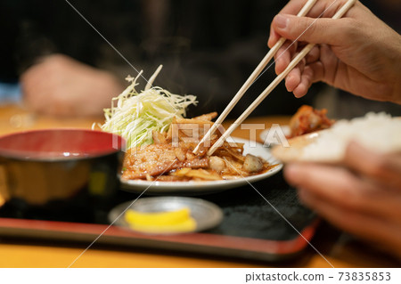Ginger-grilled pork set meal at hand 73835853