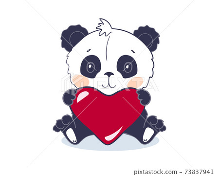 A cute panda bear sits and holds a big red heart. A cute animal or toy for Valentine s Day. Vector illustration for a baby shower on a white background, flat cartoon design. A cute panda bear sits and holds a big red heart. A cute animal or toy for Valentine s Day. Vector illustration for a baby shower on a white background, flat cartoon design. 73837941