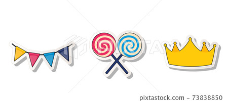 Birthday Party Sticker Collection Set Icon with flag garland, crown and lollipops. Vector Illustration EPS10 Birthday Party Sticker Collection Set Icon with flag garland, crown and lollipops. Vector Illustration EPS10 73838850