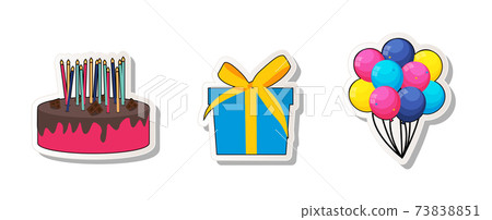 Birthday Party Sticker Collection Set Icon with Cake, Balloons and Gift Box. Vector Illustration EPS10 73838851