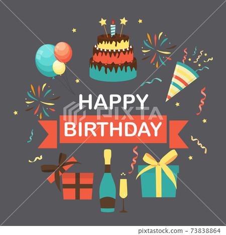 Cute Happy Birthday Background with Gift Box, Cake and Candles and other Design Element for Party Invitation, Congratulation. Vector Illustration EPS10 73838864