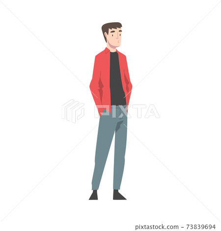 Young Man Wearing Casual Clothes Standing with Hands in his Pockets and Waiting Cartoon Style Vector Illustration 73839694