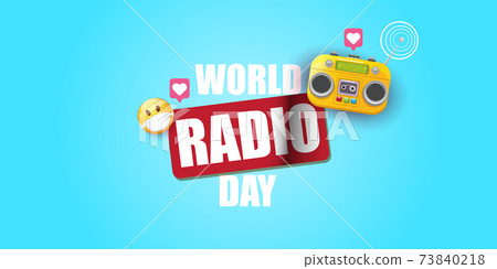 World radio day horizontal banner with vintage old orange cassette stereo player isolated on blue background. Cartoon funky hipster Radio day banner or poster 73840218