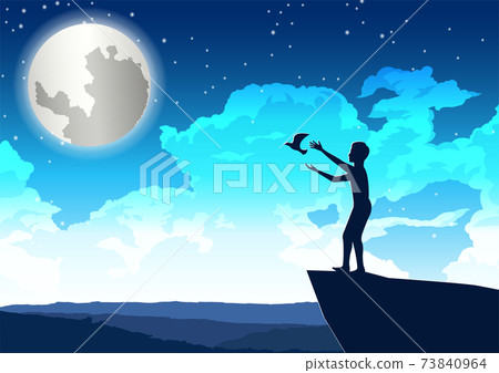 man let bird out to peace on the cliff in beautiful night 73840964