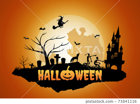 Halloween background with floating island of graveyard and ghost Halloween background with floating island of graveyard and ghost 73841116