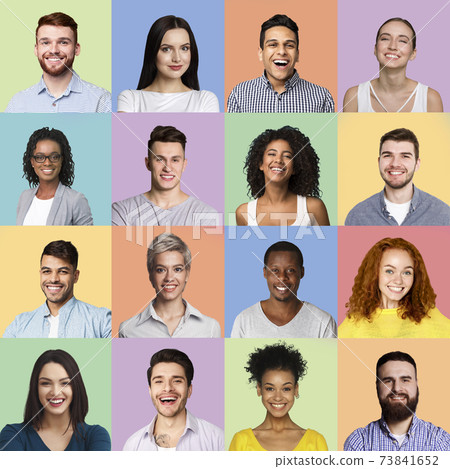 Multiethnic Females And Males Faces Smiling Over Colored Backgrounds, Collage Multiethnic Females And Males Faces Smiling Over Colored Backgrounds, Collage 73841652