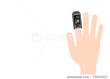 Illustration of a person wearing a blood oxygen measuring device / pulse oximeter White background Illustration of a person wearing a blood oxygen measuring device / pulse oximeter White background 73841923