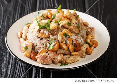 Traditional Lebanese cinnamon rice and chicken dish is called Riz bi-Djaj closeup in the plate. horizontal 73843029