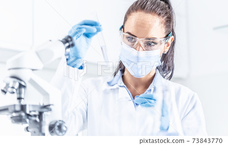 Woman in white coat, protective goggles and face mask looks at test-tube in one hand, holding a microscope slide in the other hand. Coronavirus COVID-19 concept Woman in white coat, protective goggles and face mask looks at test-tube in one hand, holding a microscope slide in the other hand. Coronavirus COVID-19 concept 73843770