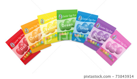 Easter egg dye sachets rainbow. Set with seven favorite colors red, orange, yellow, green, blue, purple and pink. Variuos paper envelopes. Isolated vector illustration on white background. 73843914