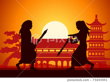 Chinese martial hero train fight each other front of ancient Chinese house on sunset time,silhouette style,vector illustration Chinese martial hero train fight each other front of ancient Chinese house on sunset time,silhouette style,vector illustration 73843941