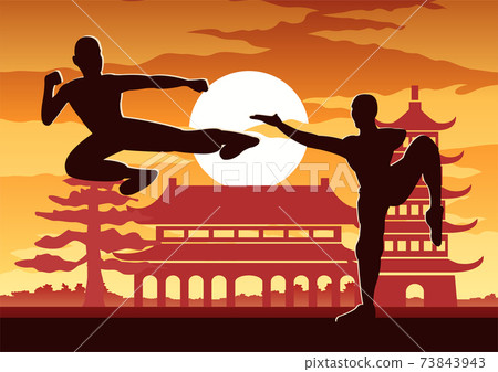 Chinese Boxing Kung Fu martial art famous sport,monk Train to fight,around with Chinese temple,sunset silhouette design Chinese Boxing Kung Fu martial art famous sport,monk Train to fight,around with Chinese temple,sunset silhouette design 73843943