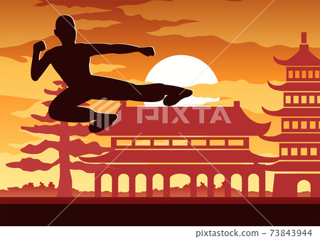 Chinese Boxing Kung Fu martial art famous sport,monk Train to fight,around with Chinese temple,sunset silhouette design Chinese Boxing Kung Fu martial art famous sport,monk Train to fight,around with Chinese temple,sunset silhouette design 73843944