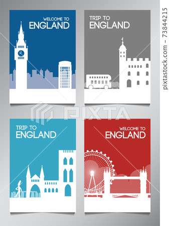 England famous landmark and symbol in silhouette style with national flag color theme brochure set England famous landmark and symbol in silhouette style with national flag color theme brochure set 73844215